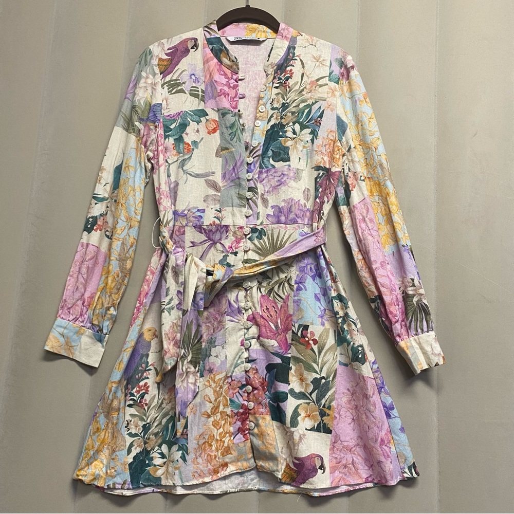 Zara Womens Dress Small Linen Blend Floral Parrot Mini Feminine Dainty Whimsical